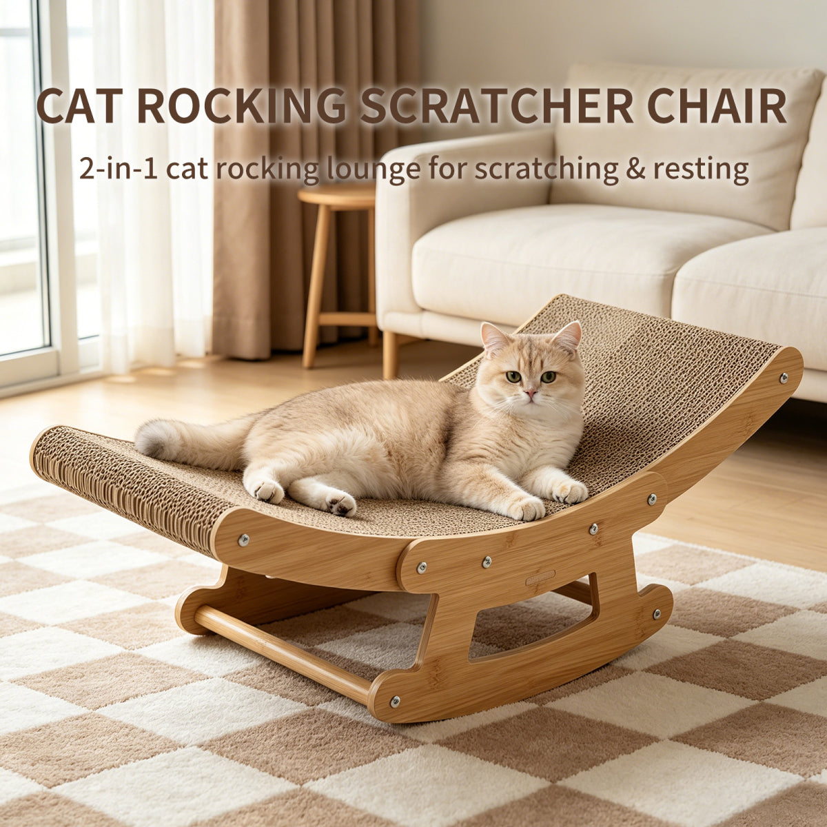 Indoor cat with cat scratcher near couch — Petova