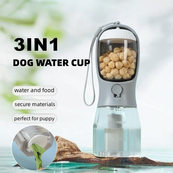 Portable 3-in-1 Pet Travel Cup – Water, Food & Poop Bag Holder