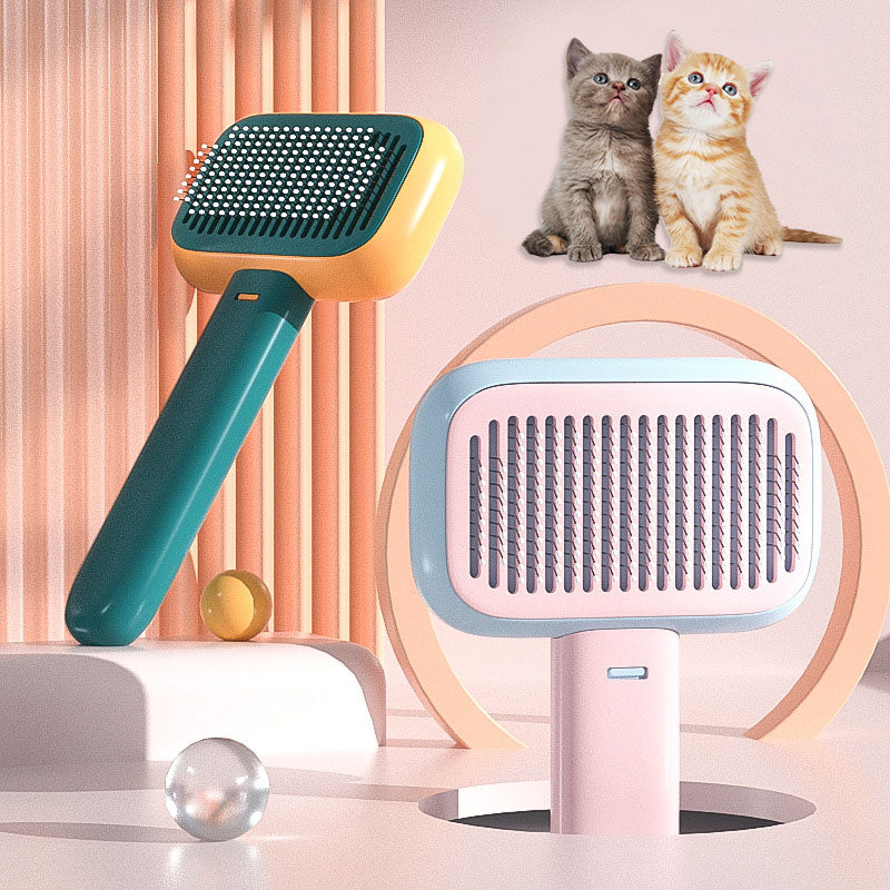 Stainless steel pet comb pink variant teeth close-up — lift loose hair between baths
