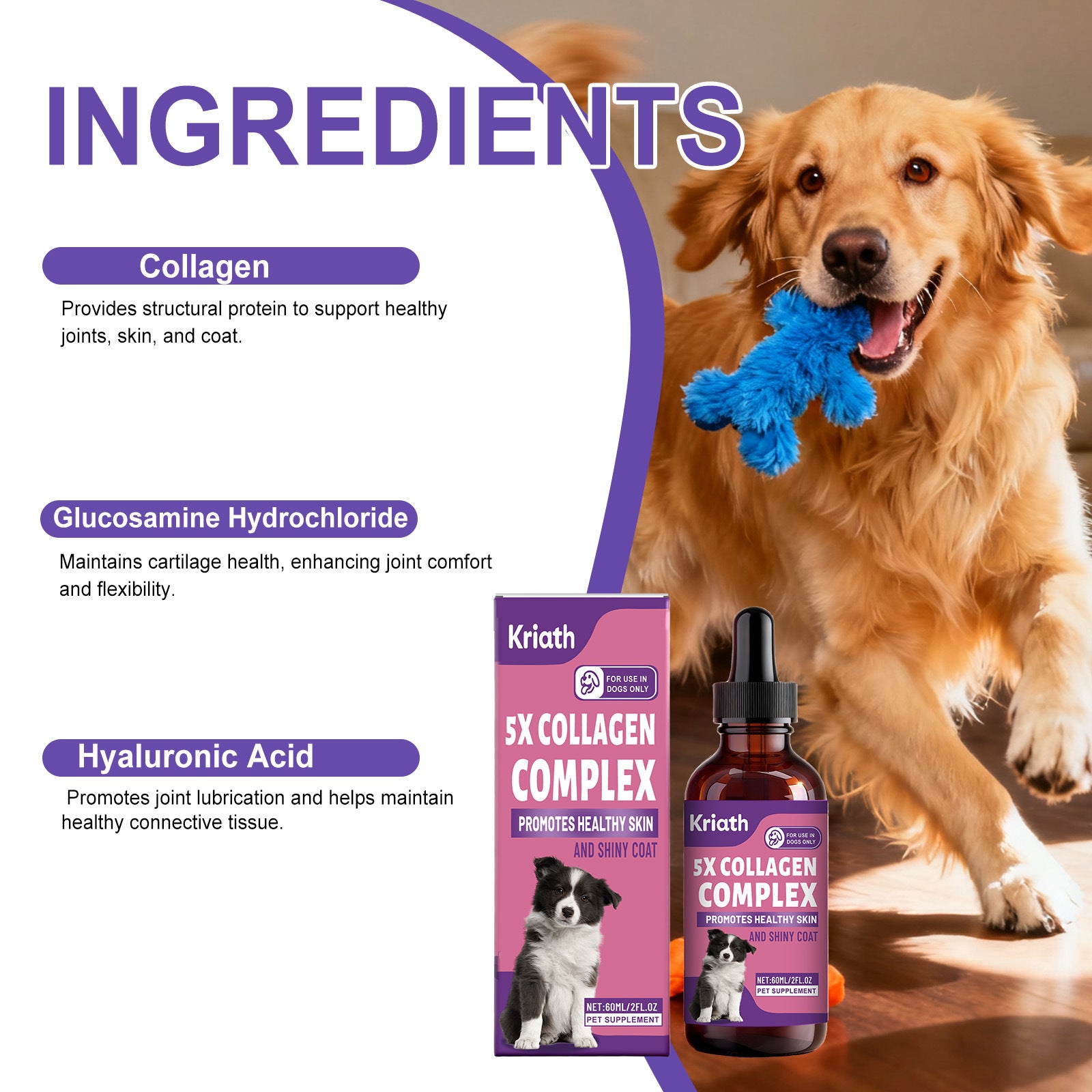 Dog collagen drops for joint and coat support bottle