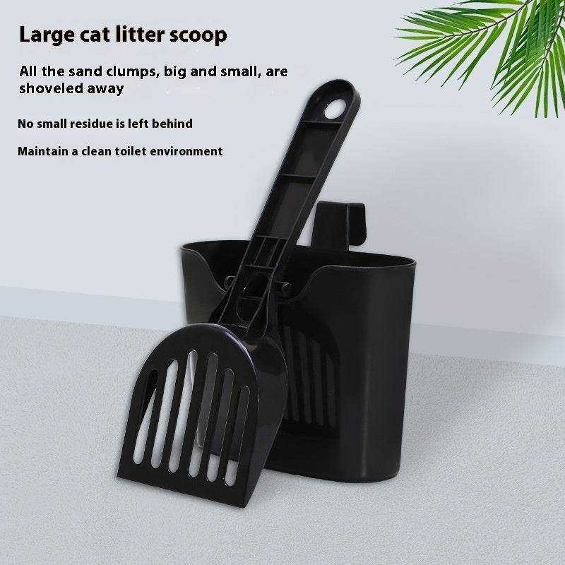 Lengthened mesh cat litter scoop black with holder — drains litter, lifts clumps
