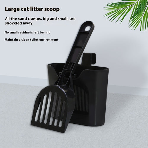 Lengthened mesh cat litter scoop black with holder — drains litter, lifts clumps